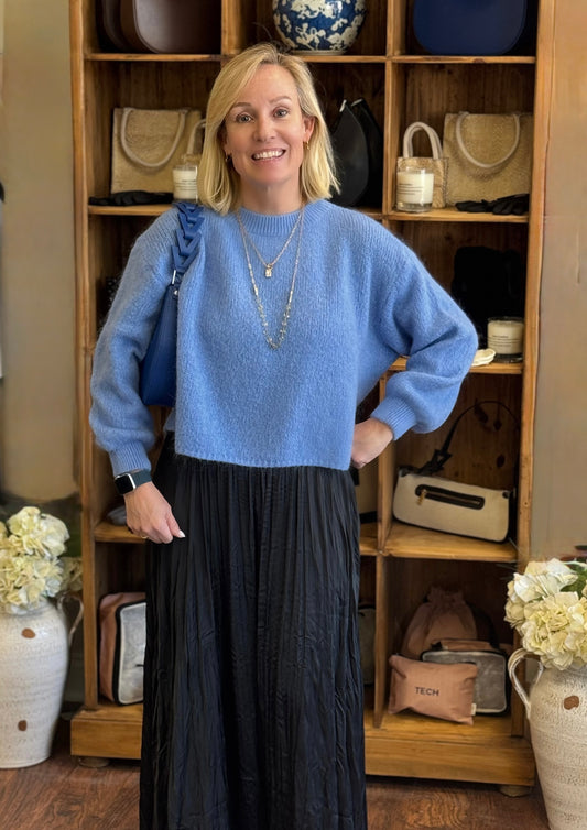Cornflower Blue Crew Neck Kid Mohair & Wool Blend Short Sweater