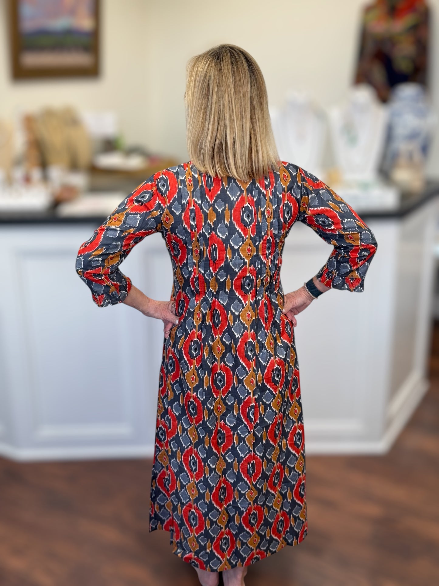 Courtney Boho Dress with Frayed Collar and Pleats in Warm Toned Ikat