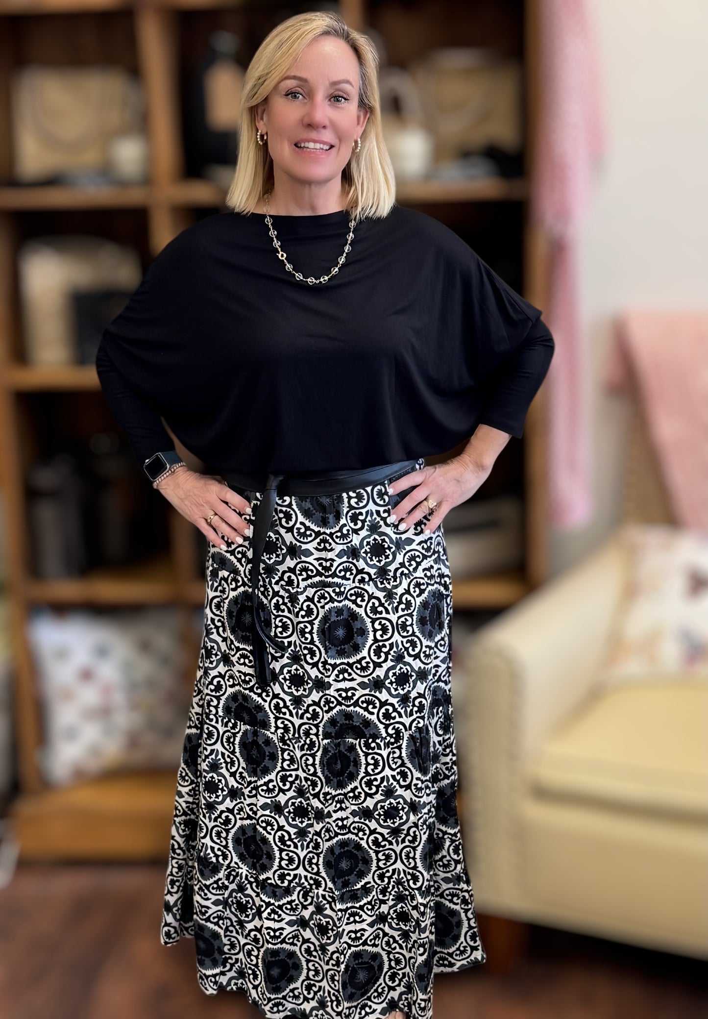 Black & White Boho Tiered Maxi Skirt with Lining