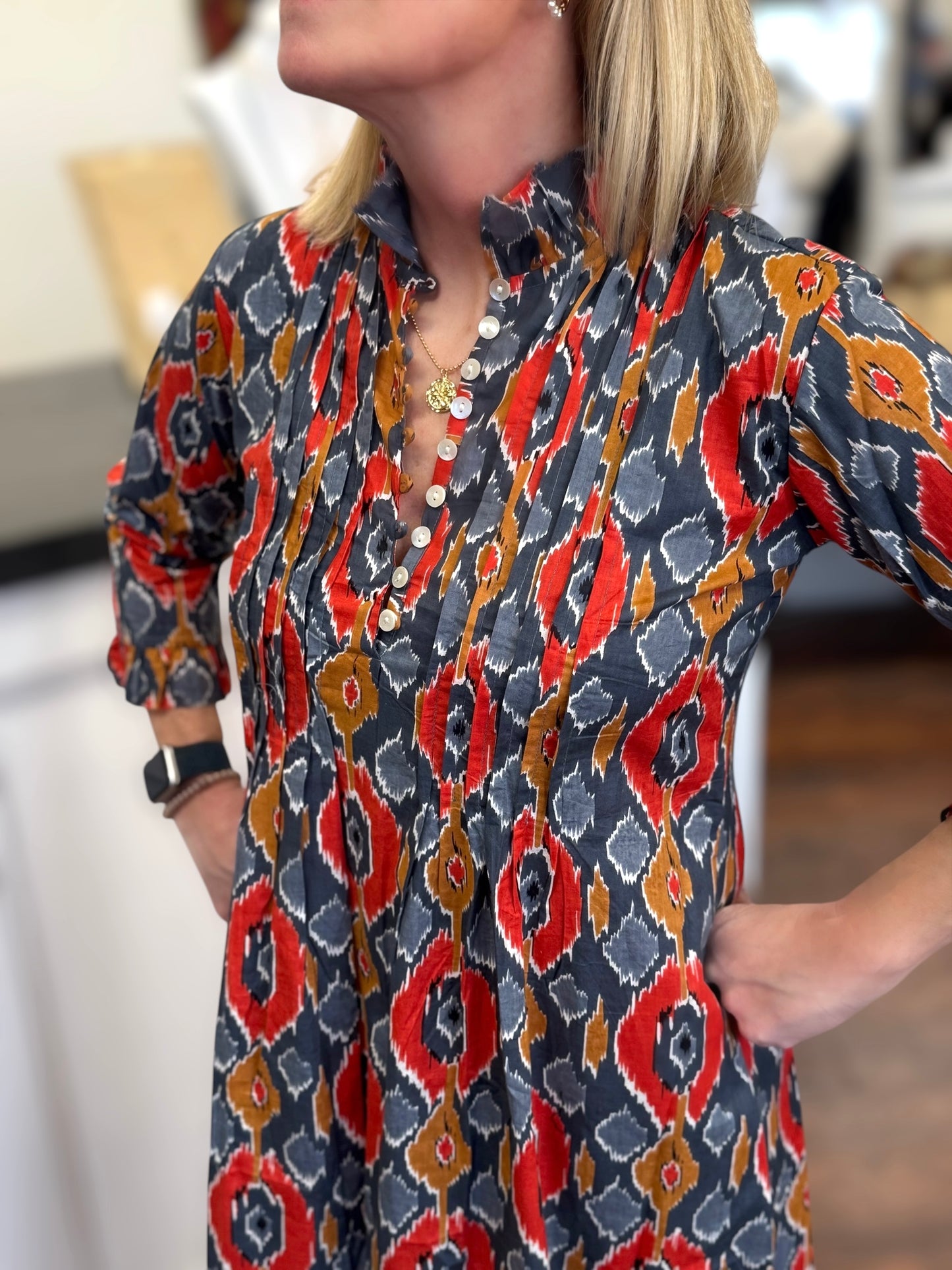 Courtney Boho Dress with Frayed Collar and Pleats in Warm Toned Ikat