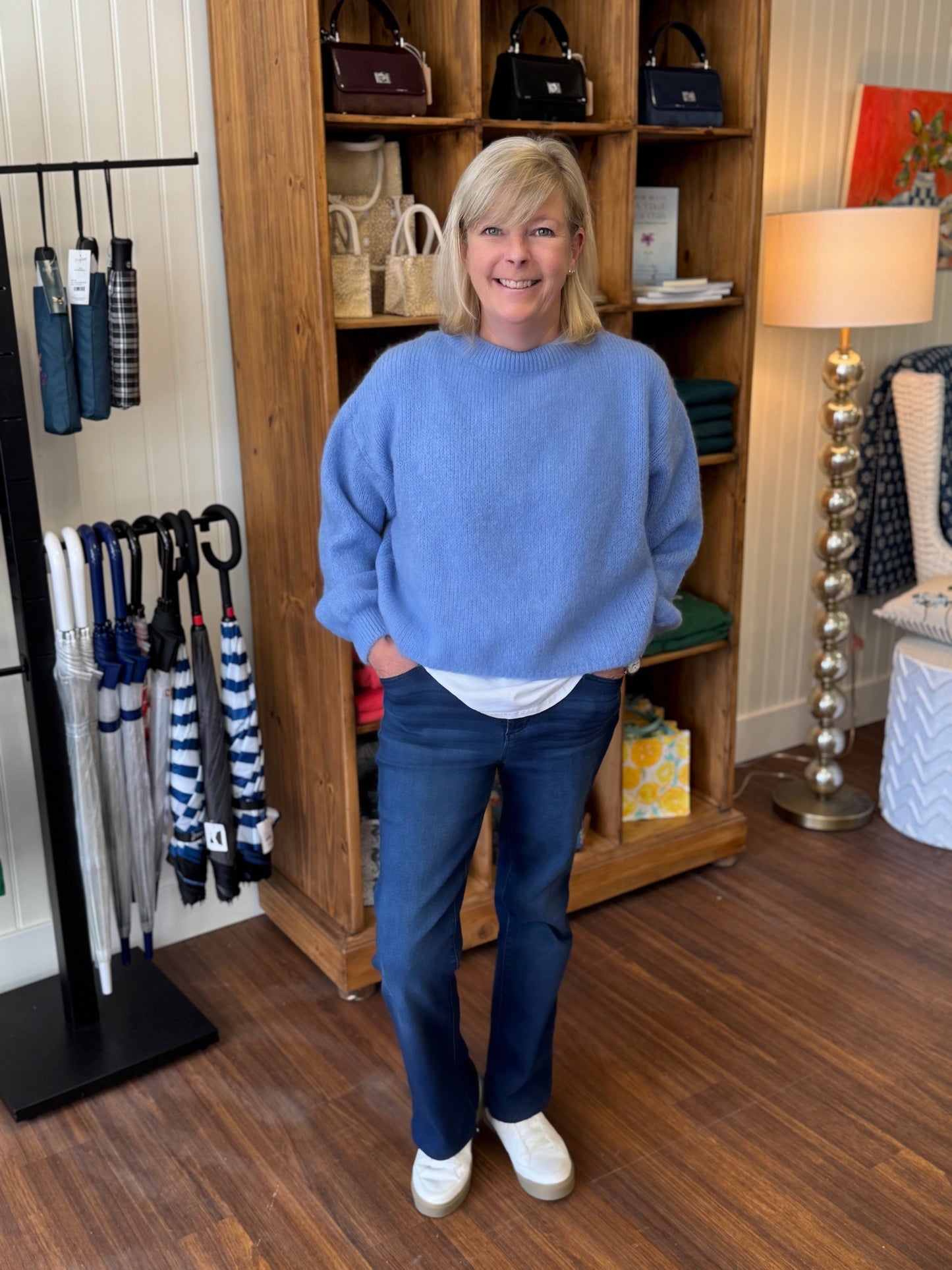 Cornflower Blue Crew Neck Kid Mohair & Wool Blend Short Sweater