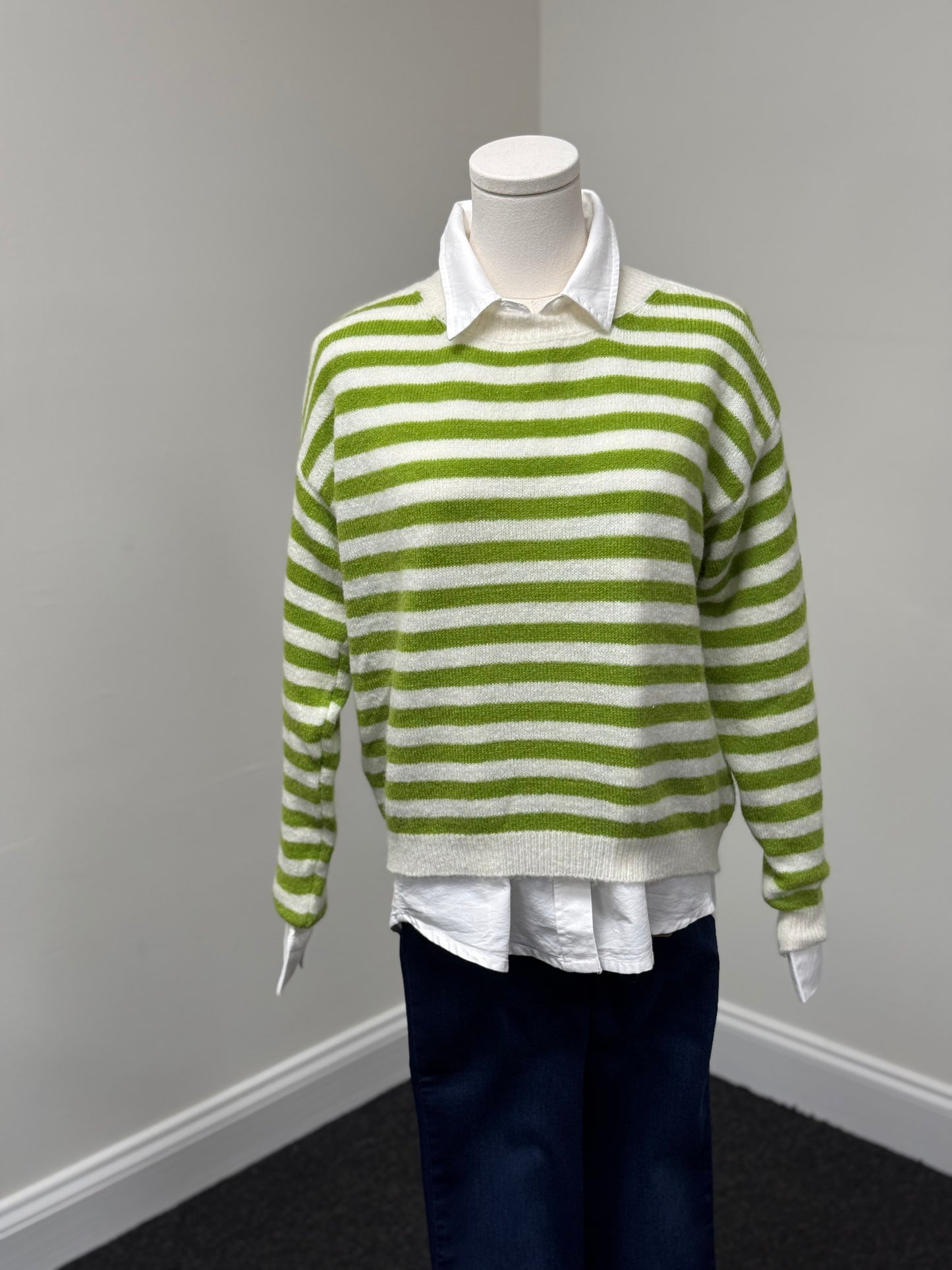 Super Kid Mohair Striped Crew Neck Short Sweater in Apple Green