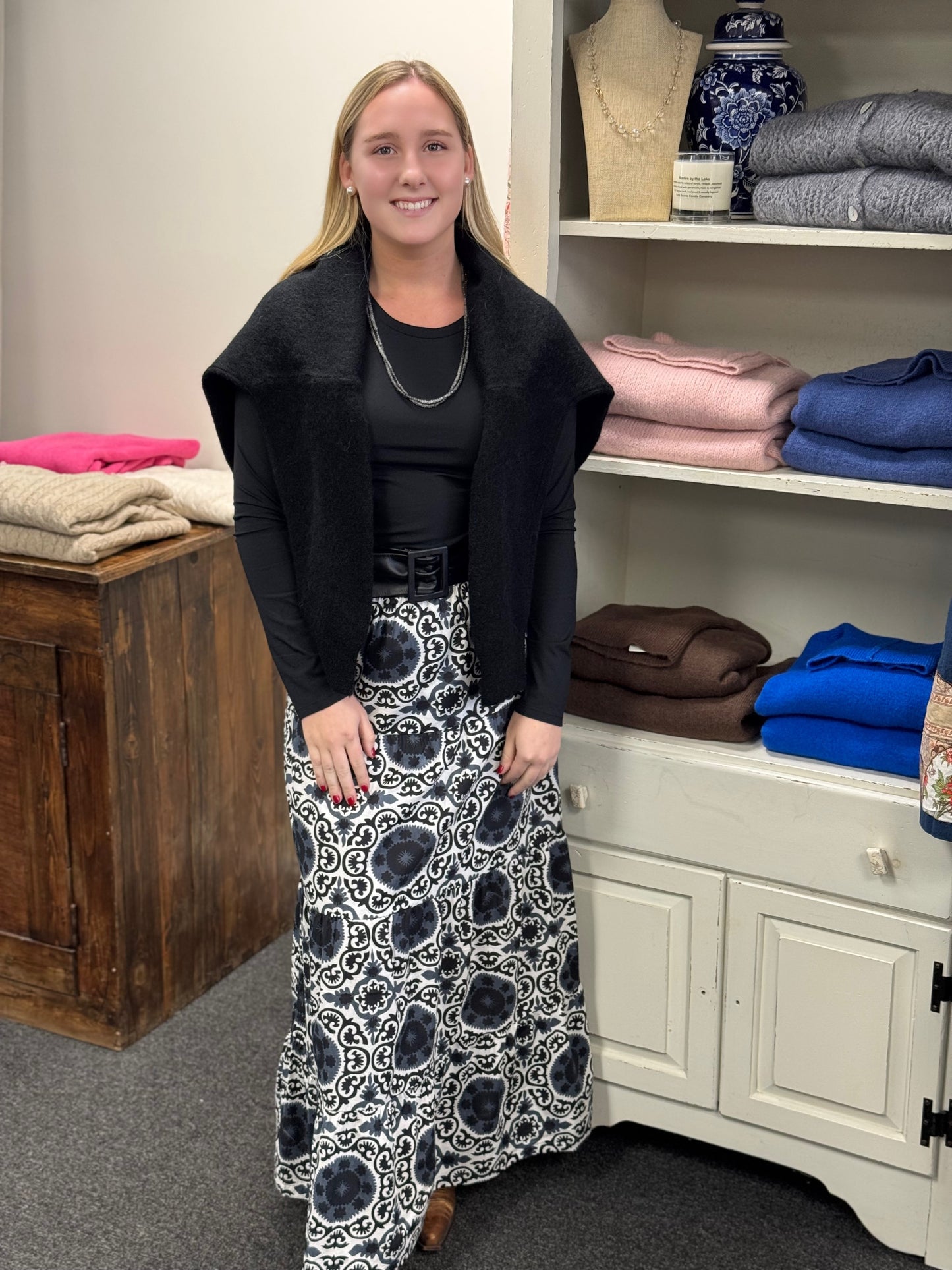 Black & White Boho Tiered Maxi Skirt with Lining