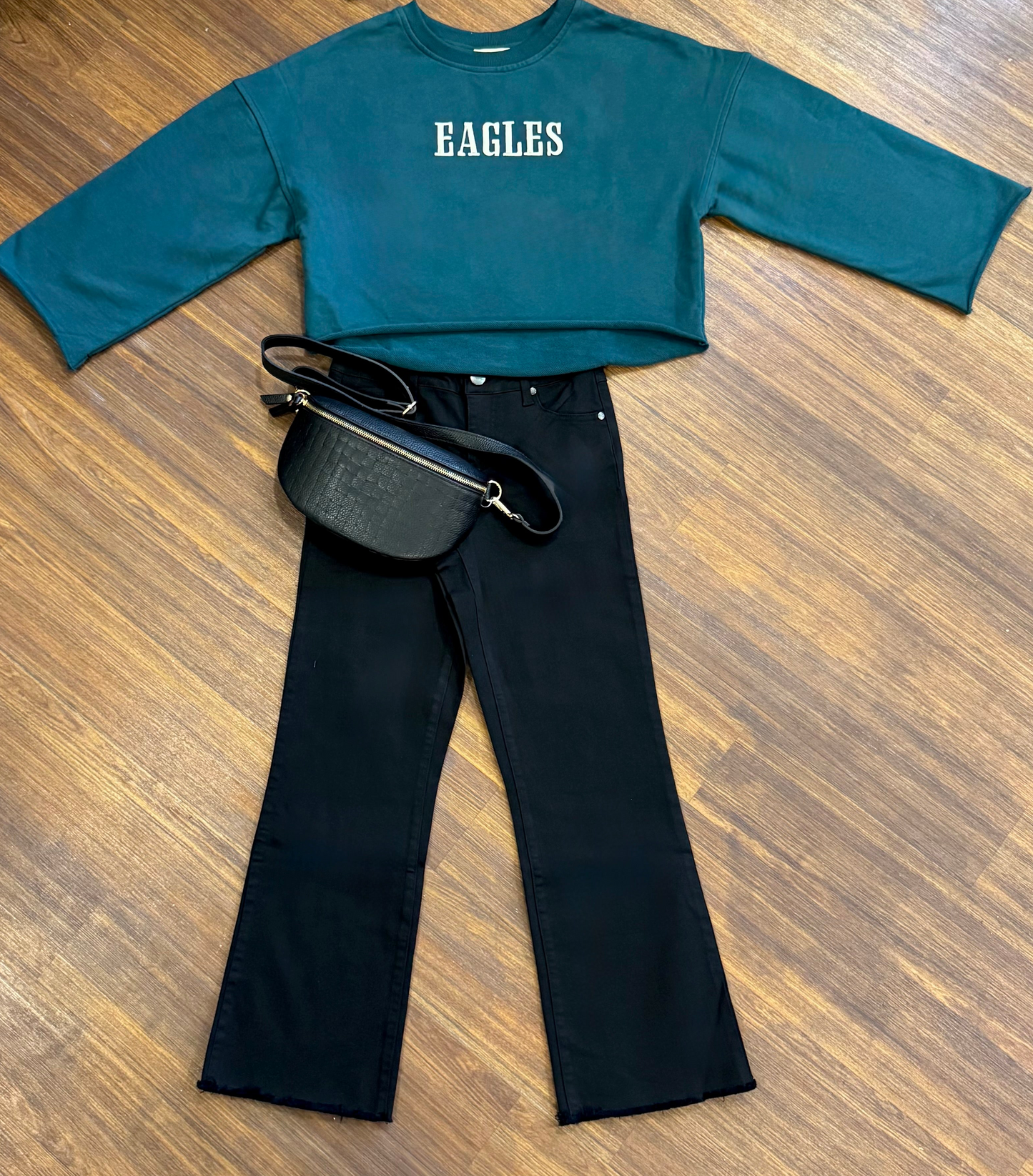 Cropped Kimono Sleeve Embroidered Dark Green Sweatshirt