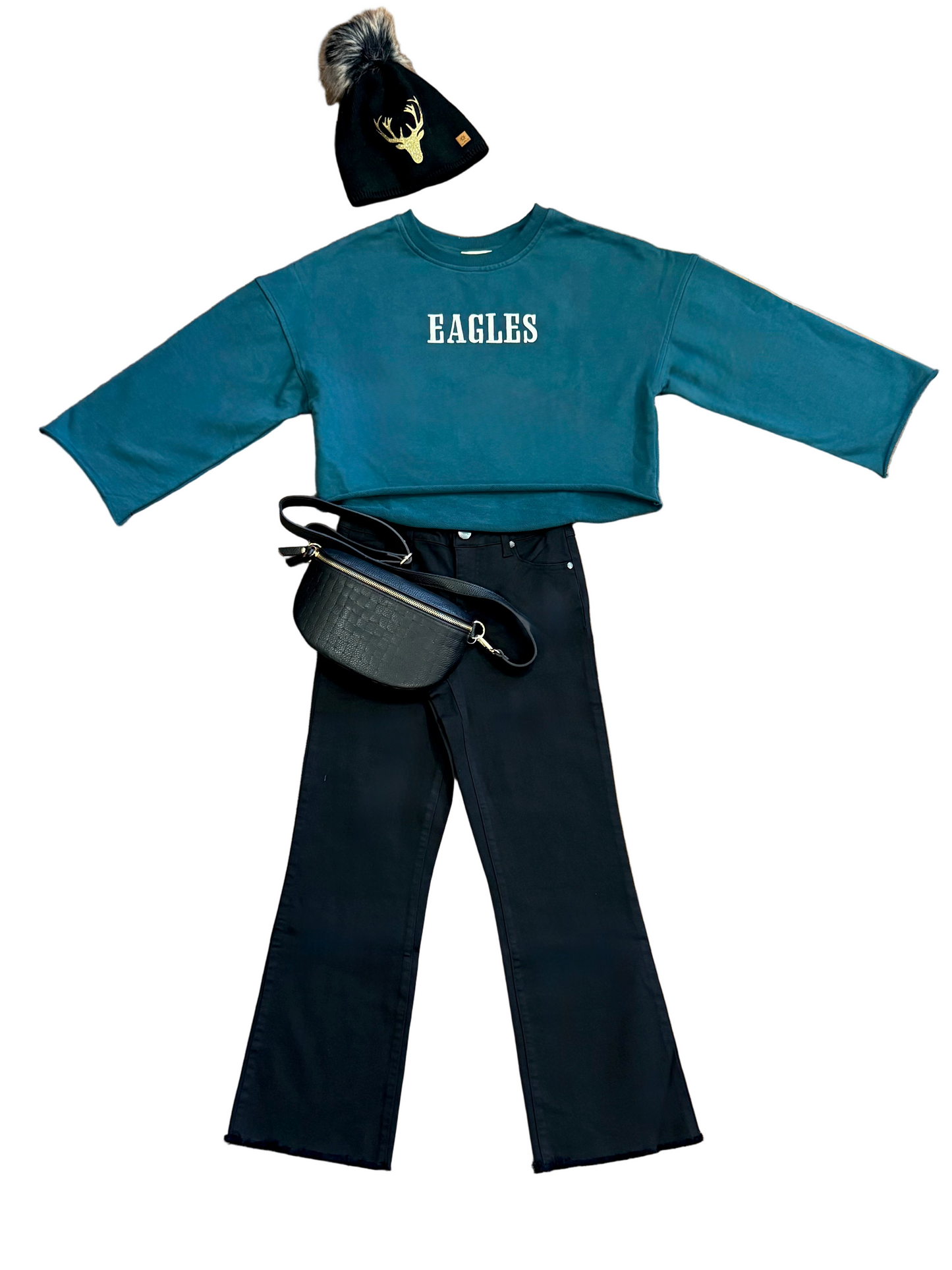 Cropped Kimono Sleeve Embroidered Dark Green Sweatshirt