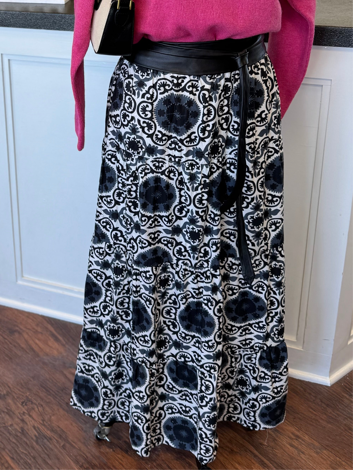 Black & White Boho Tiered Maxi Skirt with Lining
