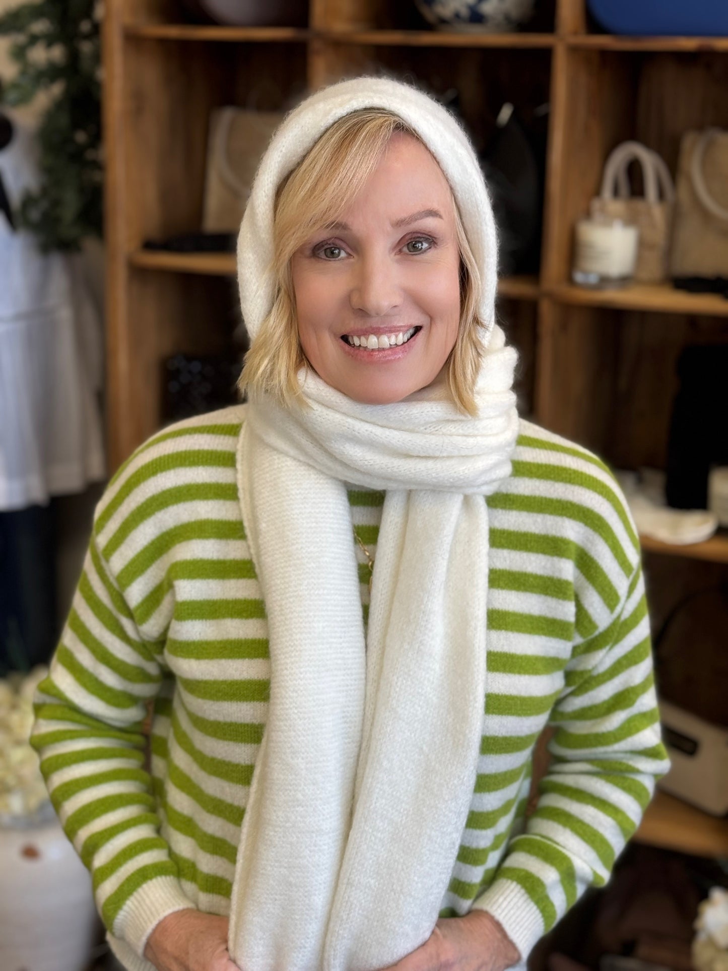 Super Kid Mohair Striped Crew Neck Short Sweater in Apple Green