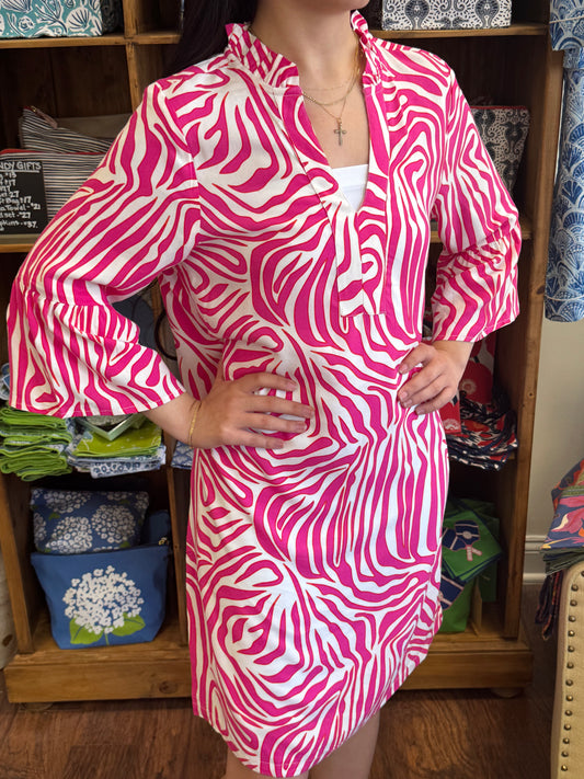 Pink Zebra Viscose Shift Dress with Bell Sleeve