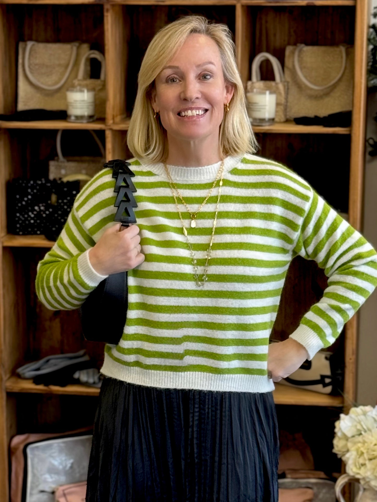 Super Kid Mohair Striped Crew Neck Short Sweater in Apple Green