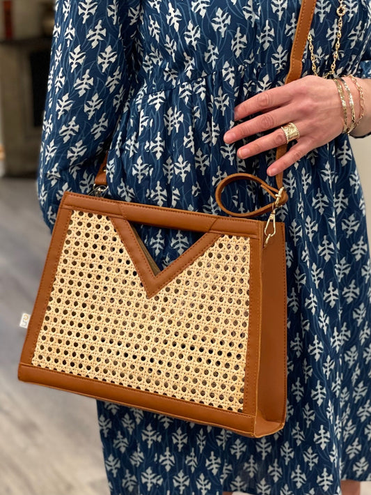 Cane and Leather Handbag that is also a Clutch and Cross Body