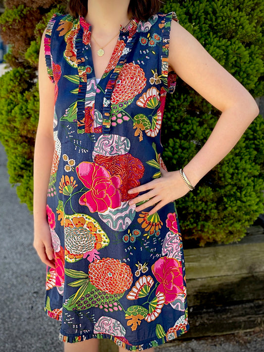 Sleeveless Charlotte Sheath Dress in a Bold Floral in Navy, Turquoise, Royal Pink, Red OR Green background