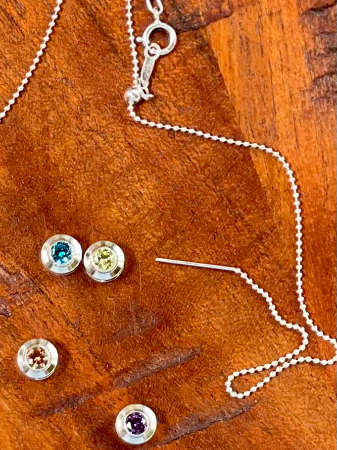 Sterling Silver Birthstone Charm in Crystal on Sterling Silver Beaded Necklace