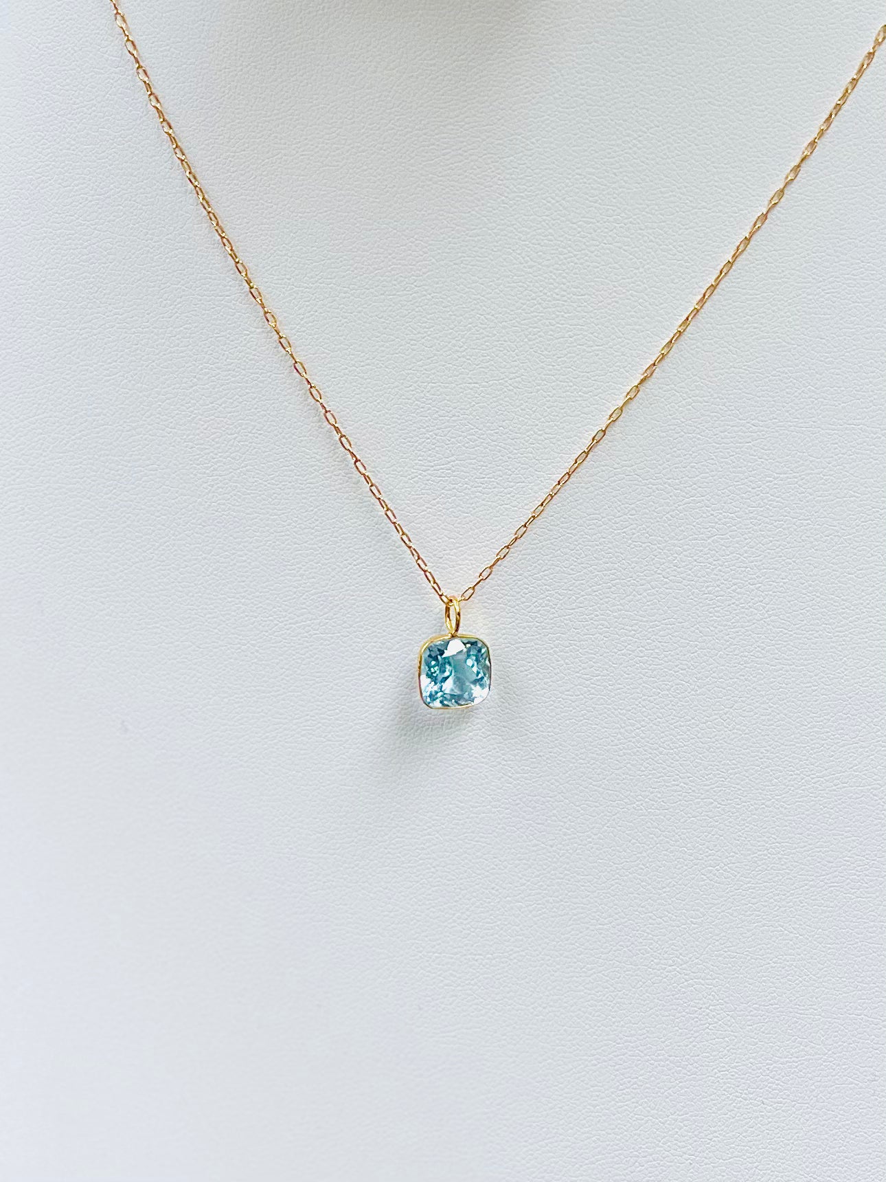 Sky Topaz Solid 14K Bezel Pendant on Gold Filled Delicate Paperclip Necklace