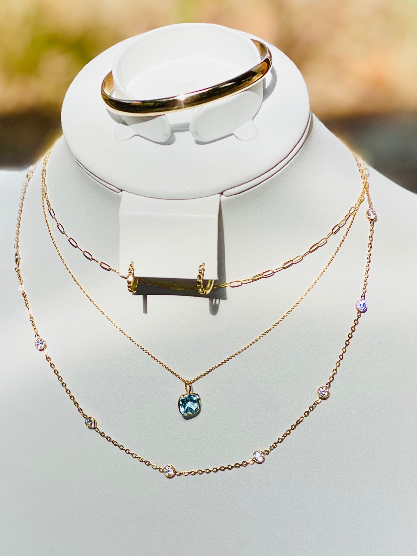 Sky Topaz Solid 14K Bezel Pendant on Gold Filled Delicate Paperclip Necklace