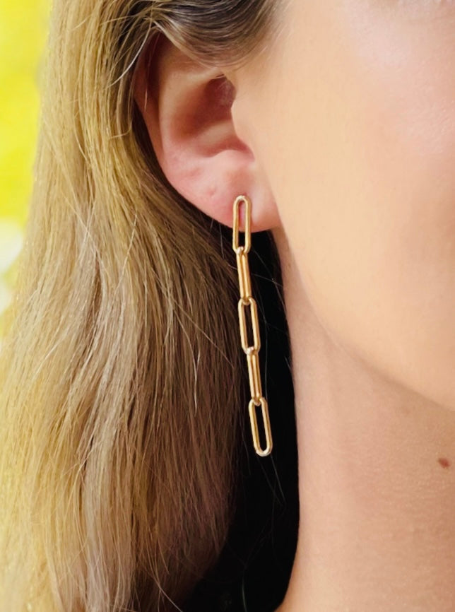 Gold Filled Long Paper Clip Chain on Post Earrings