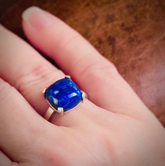 Lapis Lazuli Gemstone Cushion Sterling Silver Ring